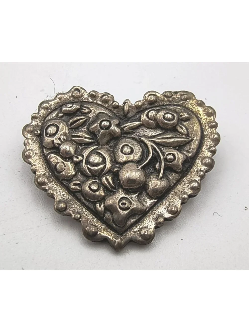 Vintage Sterling Floral Heart-Shaped Mary Englebreit Brooch Pin Etched Detailing